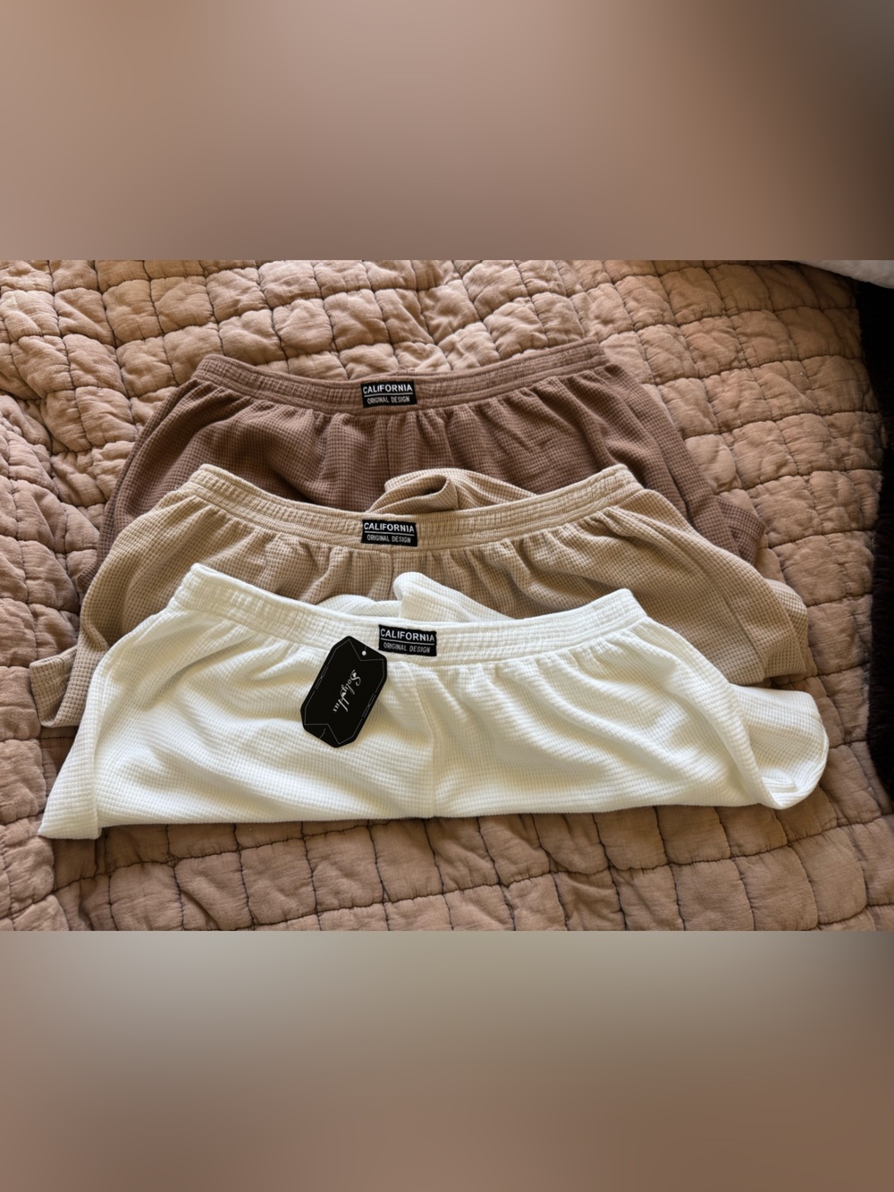 California women’s Waffle Knit Shorts in White, Tan & Brown 3 pack